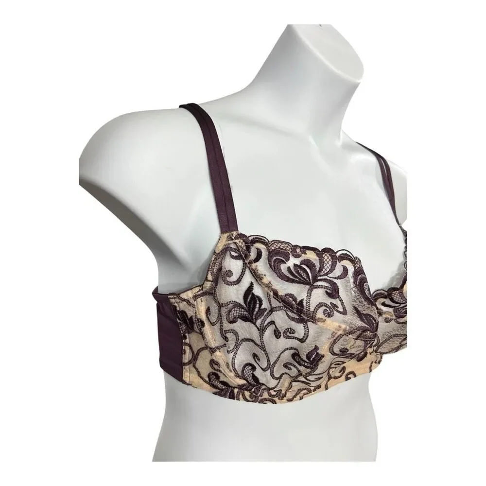 Cacique Purple Lace Sheer Balconette Bra Plus Size 40DD Underwire Embroidered